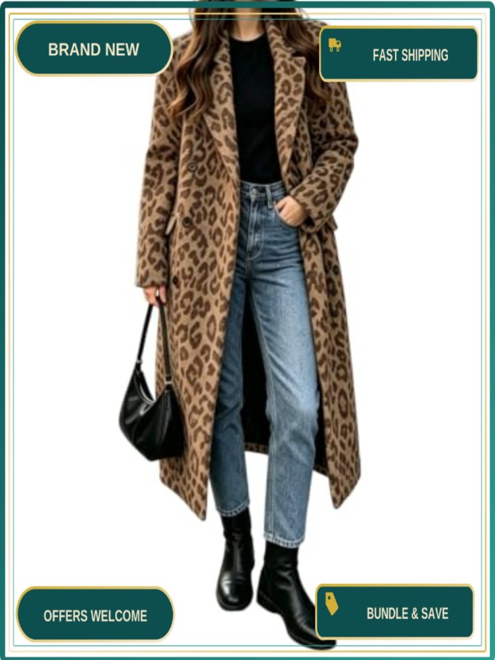 Womens Long Wool Pea Coat Double Breasted Leopard Winter Warm Overcoat